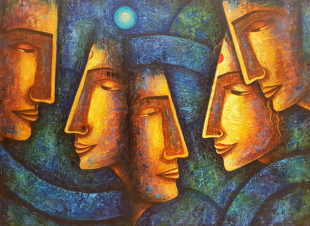 Abstract painting of five serene faces with warm tones against a textured blue-green background.