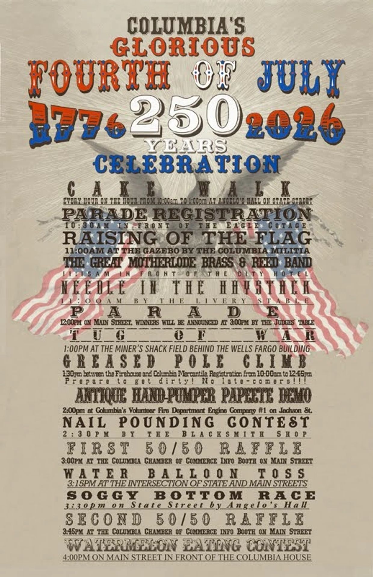 Columbia's 250th Fourth of July celebration with parades, contests, and festivities.