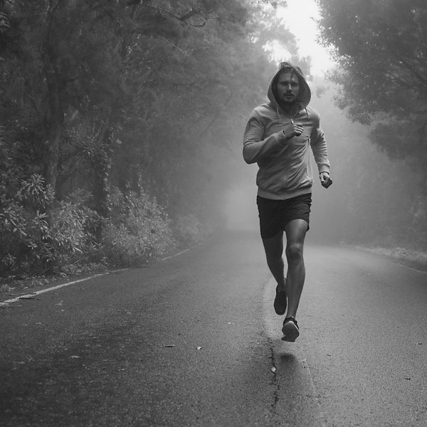 Man jogging on a misty, tree-lined road in a gray hoodie and shorts.