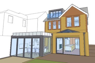 3D architectural rendering of a house with a modern extension.