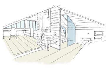 Sketch of a minimalist attic bathroom and workspace layout.