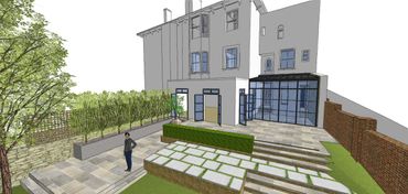 3D architectural rendering of a modern house with a garden and patio.