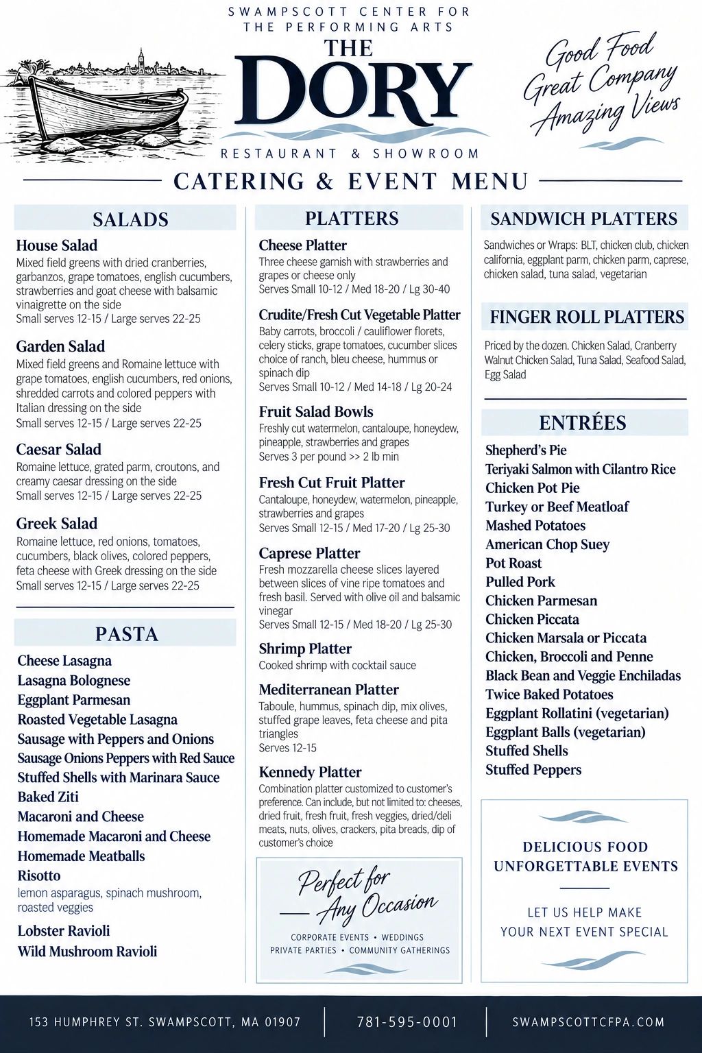 Catering menu of The Dory Restaurant with salads, platters, pastas, and entrées.