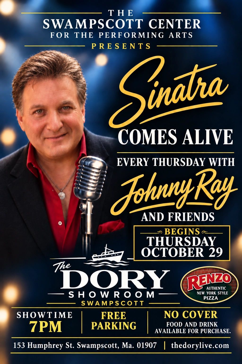 Advertisement for Sinatra tribute show featuring Johnny Ray at The Dory Showroom.