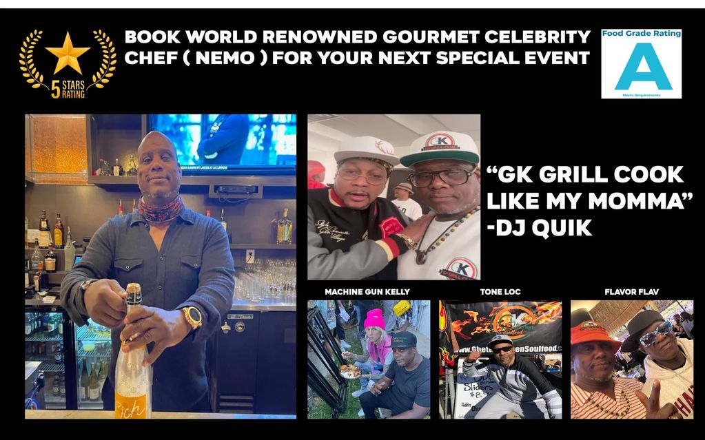 Celebrity chef Nemo offers gourmet cooking for special events with a 5-star rating and top food grade.