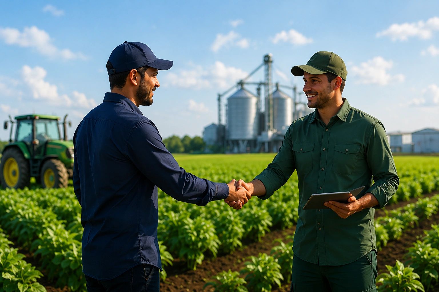 Dos agricultores se dan la mano en un campo.