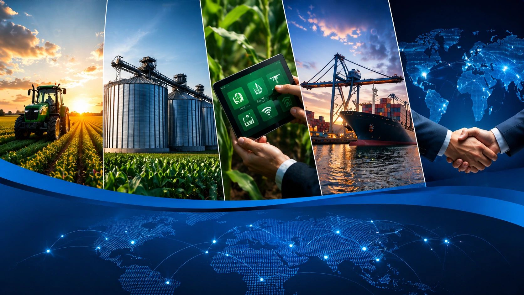 Cadena de suministro agrícola y tecnología global en un collage.