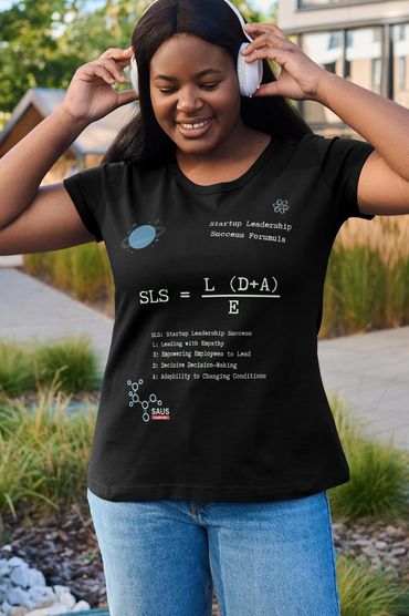 Black T-shirt displaying the 'Startup Leadership Success Formula' as SLS = L(D+A)/E.