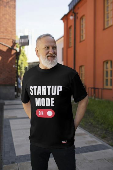 Black T-shirt with bold white text 'Startup Mode ON'