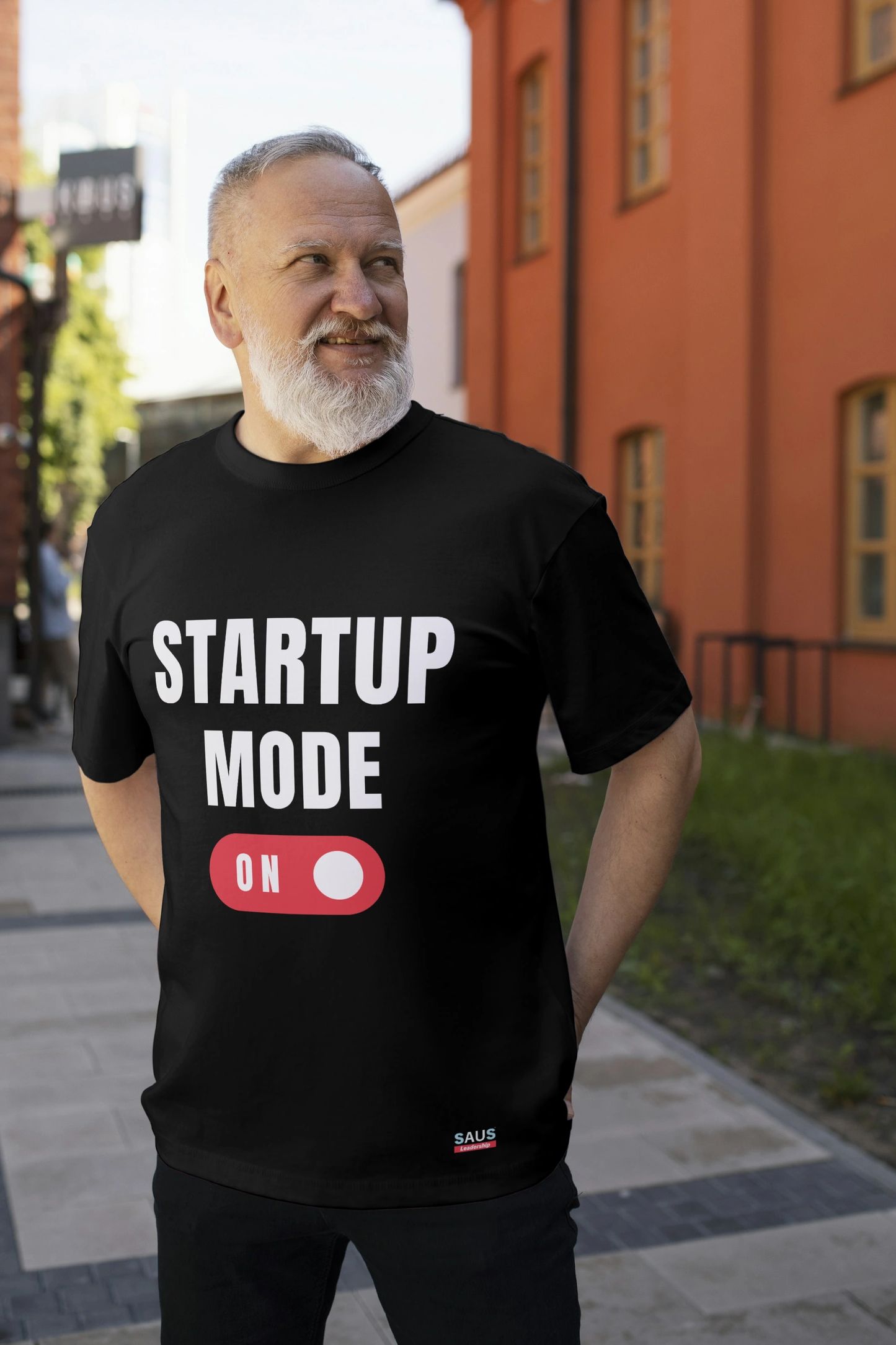 Black T-shirt with bold white text 'Startup Mode ON'
