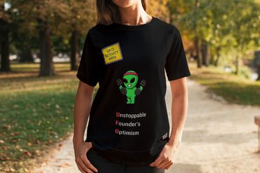 Black T-shirt featuring the acronym "UFO: Unstoppable Founder's Optimism"