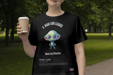 Black T-shirt featuring the phrase "A Wabi-Sabi Leader – Quiet, but Effective"