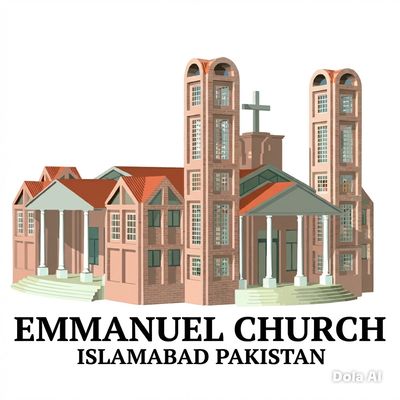 Illustration of Emmanuel Church in Islamabad, Pakistan with twin towers and a cross.