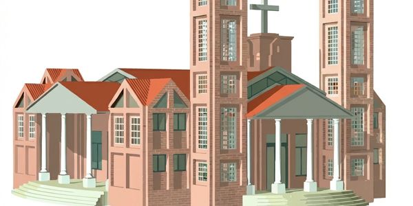 3D model of a church with towers and columns.