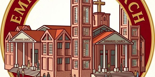 Illustration of Emmanuel Church with people gathered outside.
