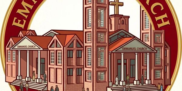 Illustration of Emmanuel Church with people gathered outside.