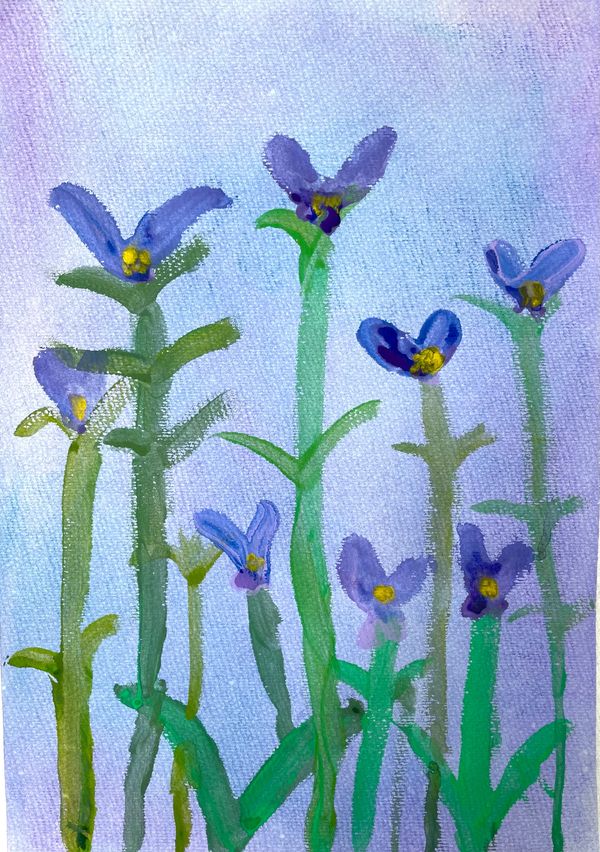 Soft pastels and acrylic child's artwork inspired by Monet's irises.