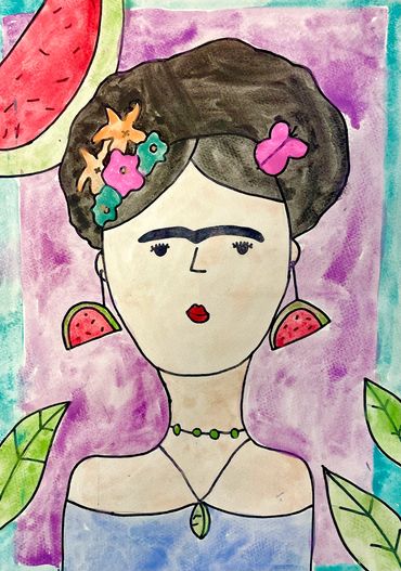 Frida Kahlo watercolour portrait art lesson for children.