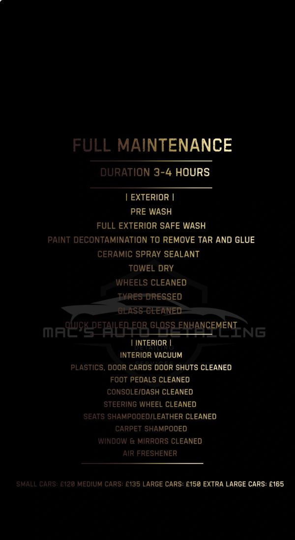 Full car maintenance service including exterior wash and interior cleaning, lasting 3-4 hours.