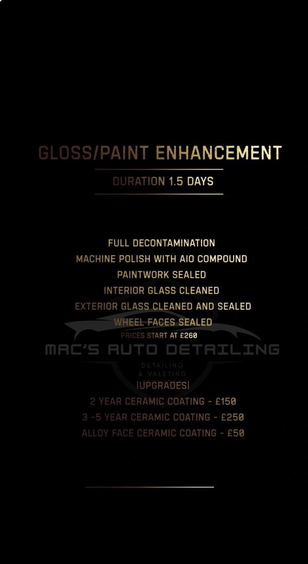 Gloss/Paint Enhancement service details with pricing and duration.