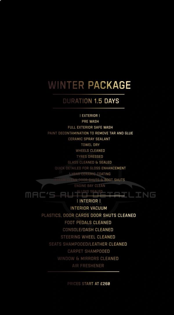 Winter package car detailing including exterior and interior cleaning services.