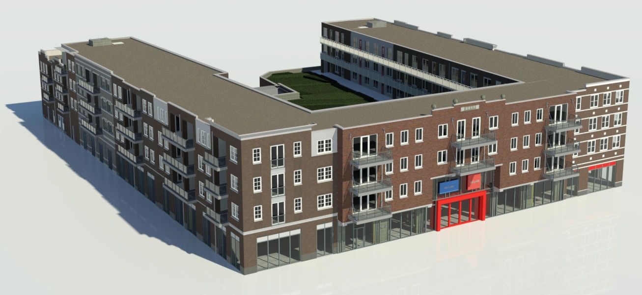 Moderne appartementencomplex met binnenplaats en balkon.
