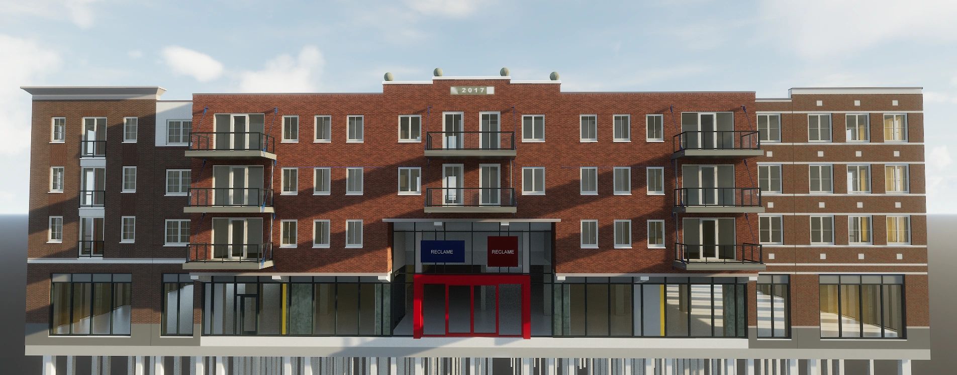 Moderne appartementencomplex met winkelruimtes.