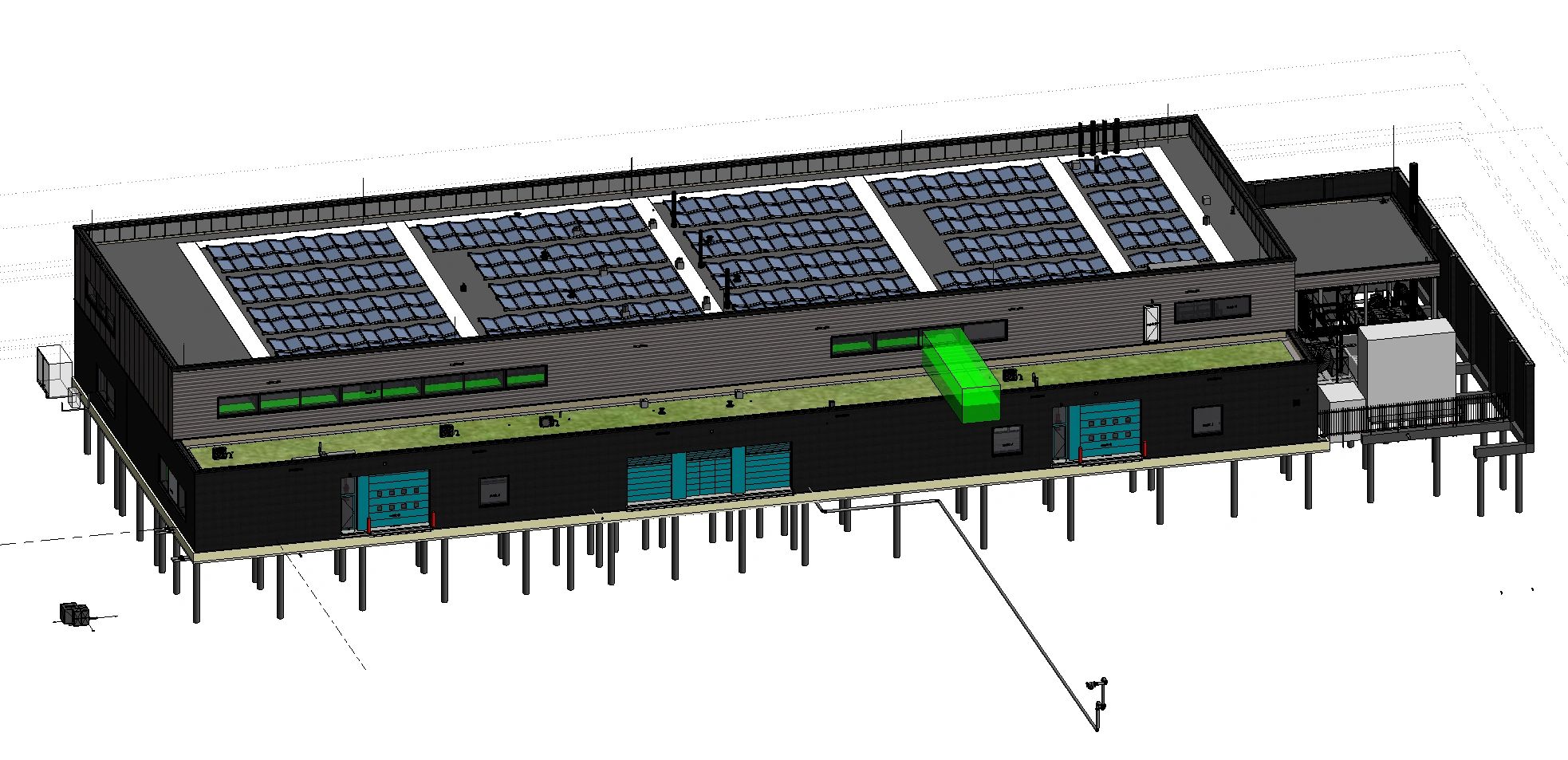 3D-model van een gebouw met zonnepanelen op het dak.