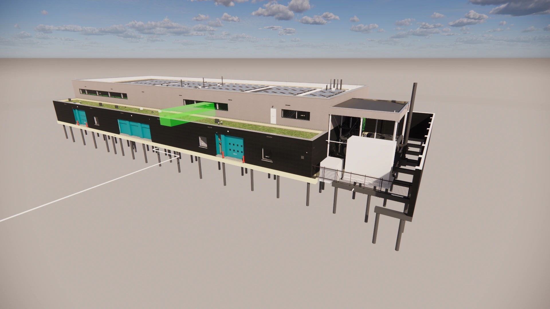 3D-model van een modern industrieel gebouw met zonnepanelen.