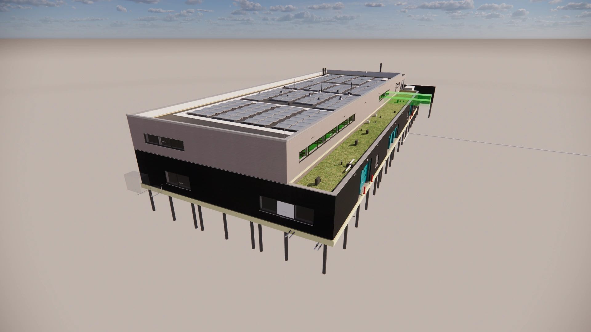 3D-model van een modern gebouw met zonnepanelen en groene daktuin.