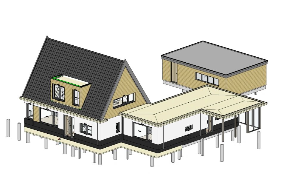 3D-model van een huis met hoge en platte daken.