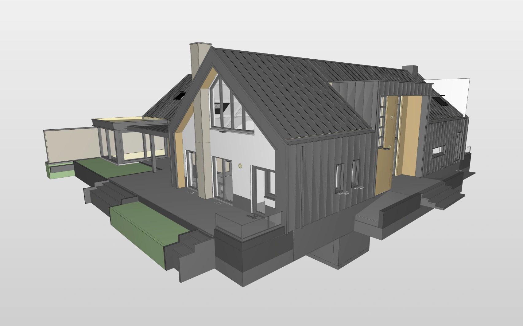 3D ontwerp van een modern huis met een zwart dak en grote ramen.