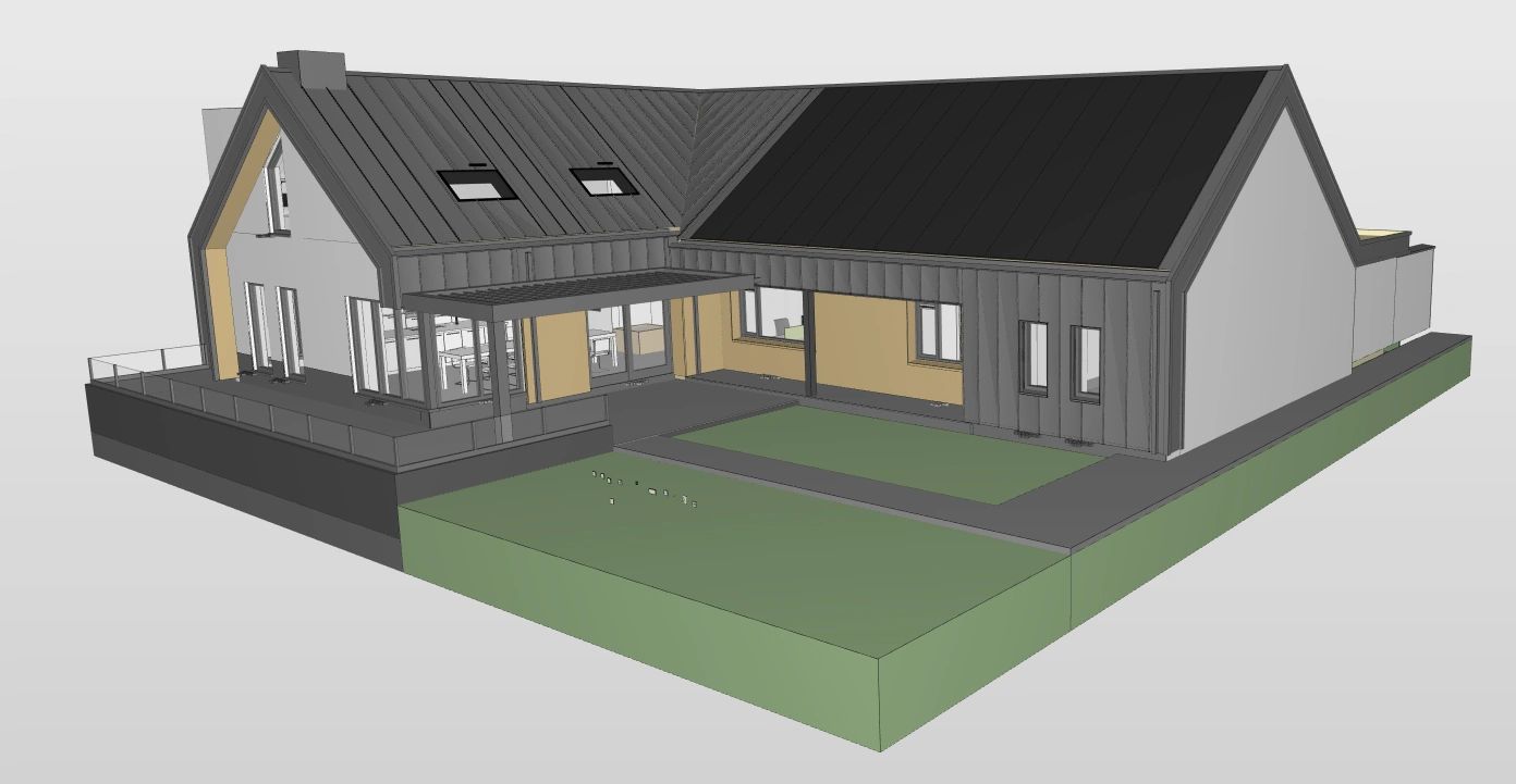 3D-model van een moderne woning met tuin en overdekt terras.