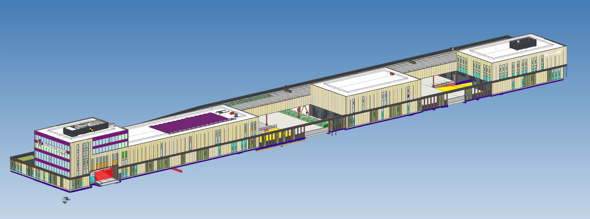 3D architectural model of a modern long building.