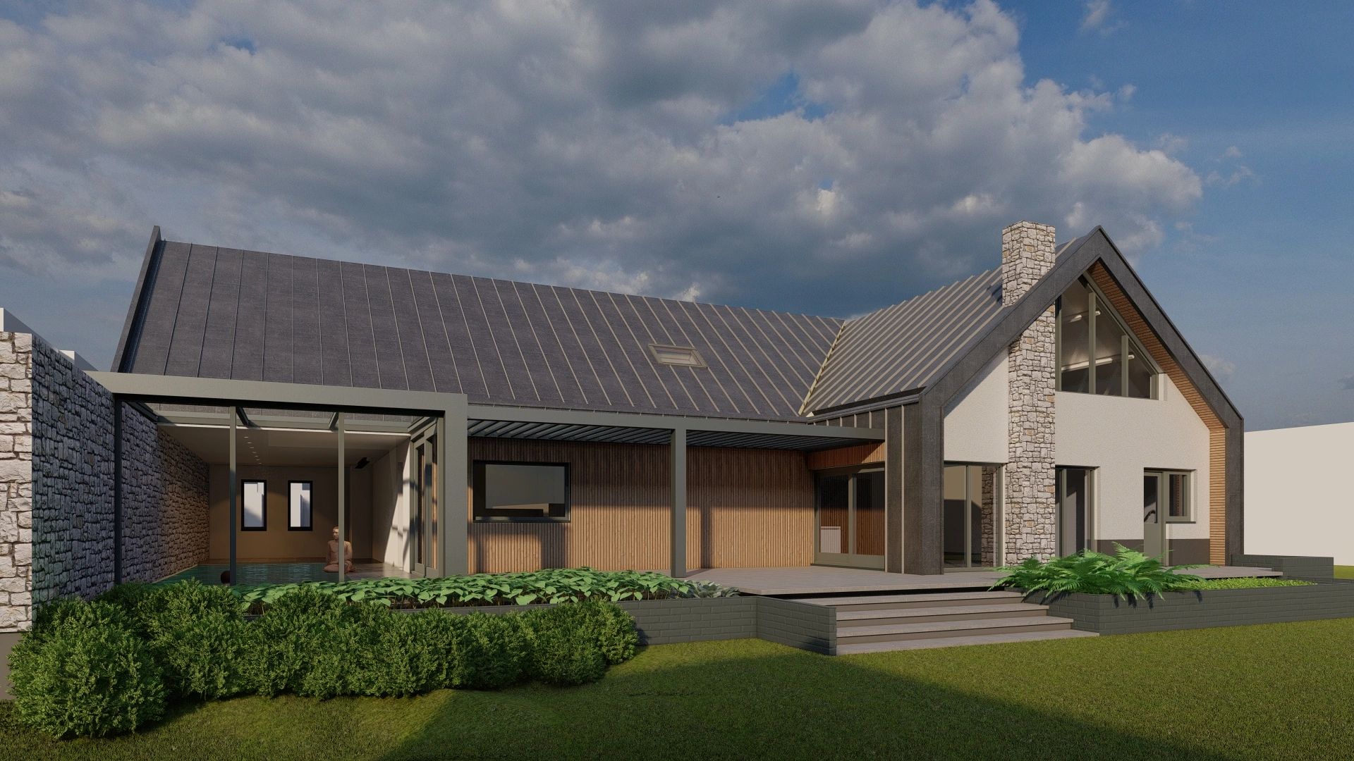 Moderne landelijke woning met stenen en houtafwerking.