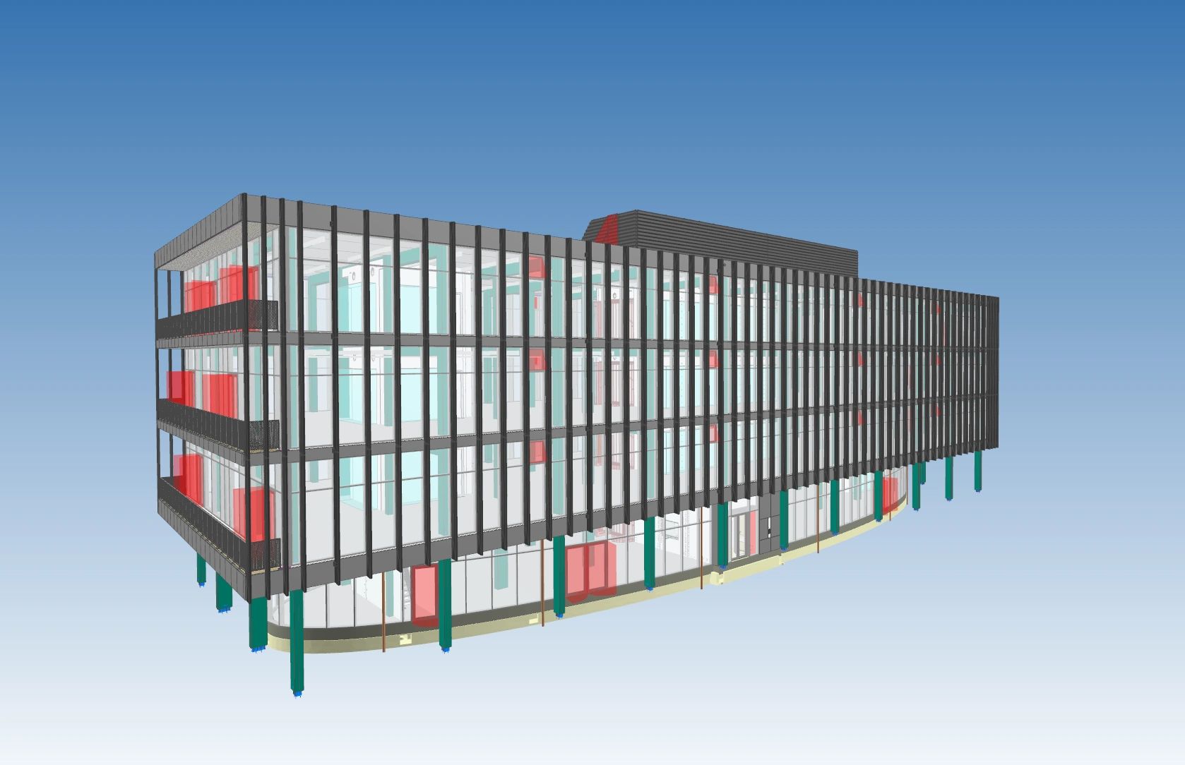 3D-model van modern kantoorgebouw met glazen gevel en gekleurde elementen.