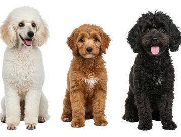 Three poodle puppies of different colors sitting.