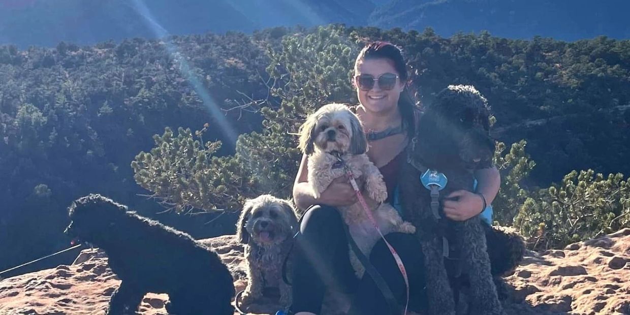 Woman sitting outdoors with four dogs on a sunny day.