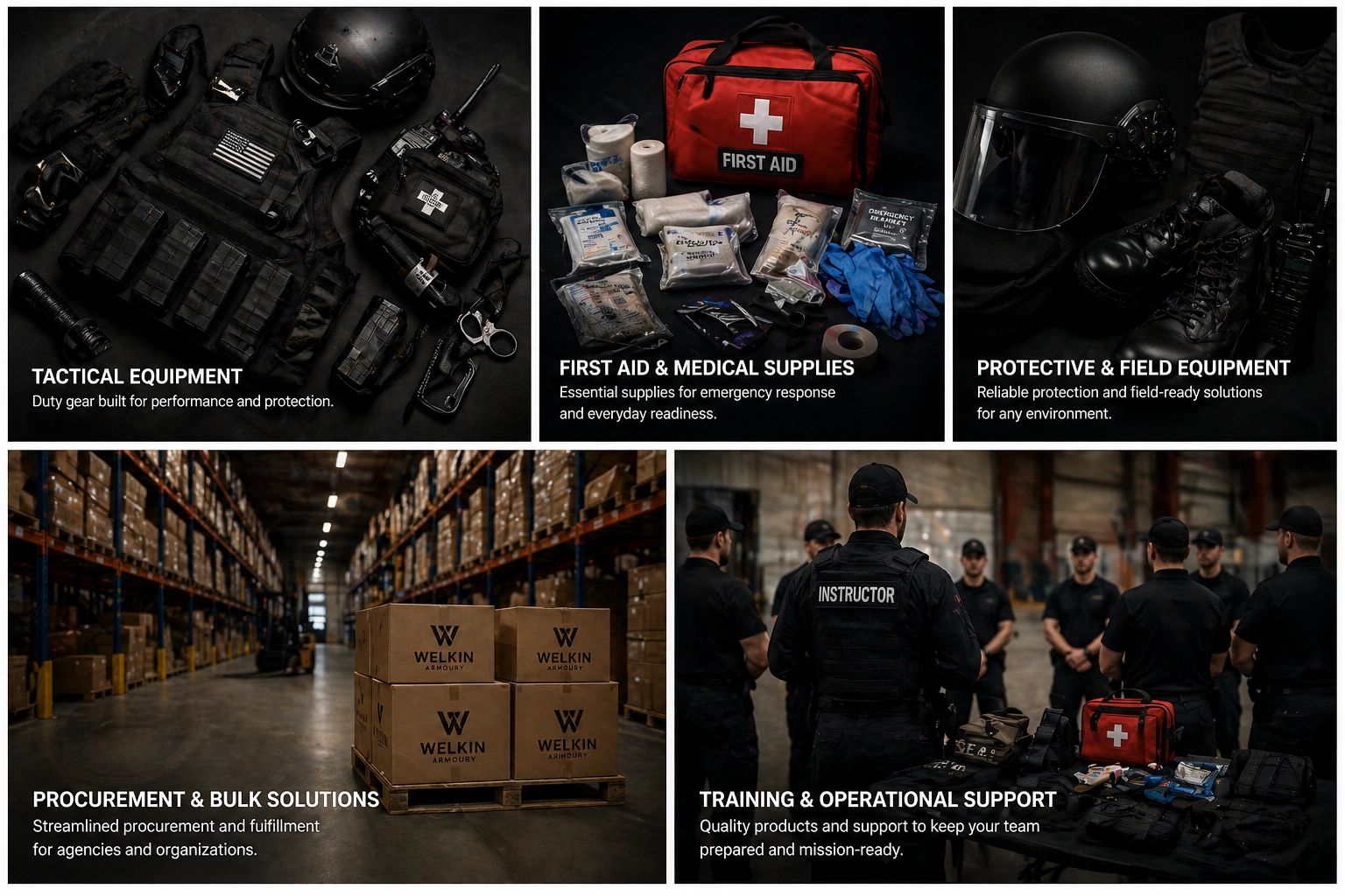Tactical and medical gear with training and procurement support for emergency readiness.