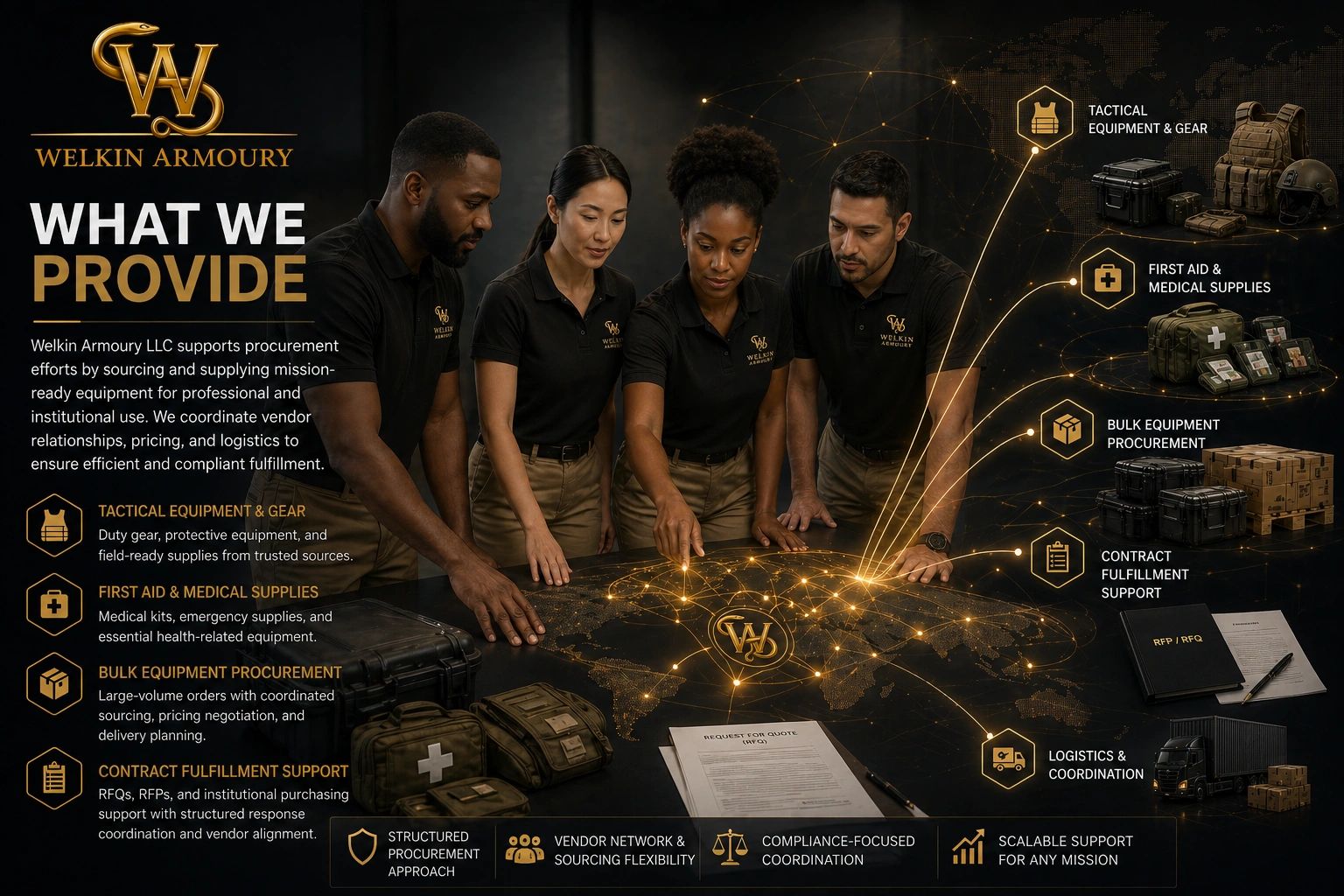 Welkin Armoury team coordinates tactical and medical equipment procurement for mission readiness.