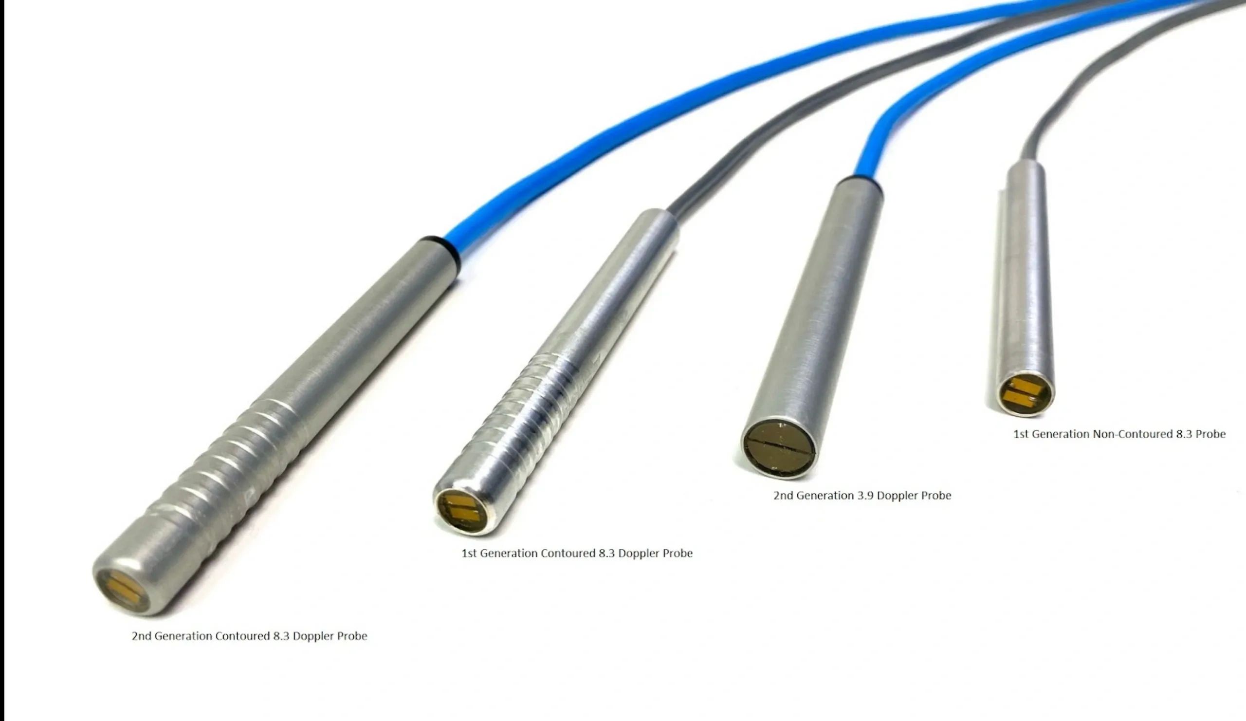 Four generations of Doppler probes with contoured and non-contoured designs.