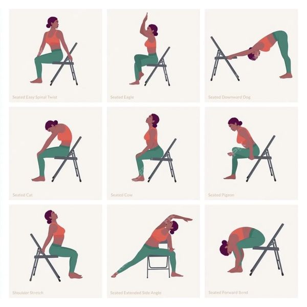 Woman performing nine seated yoga poses using a chair.