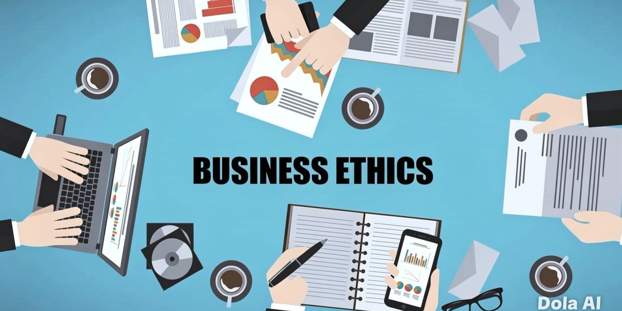 Top view of business professionals working on ethics-related documents and charts.