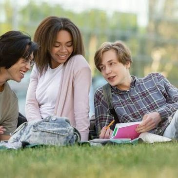 Three young friends studying and chatting together outdoors on the grass.