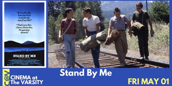 Poster and scene from the movie Stand By Me with four boys walking on railroad tracks.