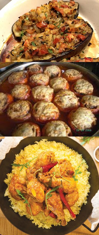 Indian Rice with Chicken, Turkish Stuffed Eggplant, and Greek Meatballs 