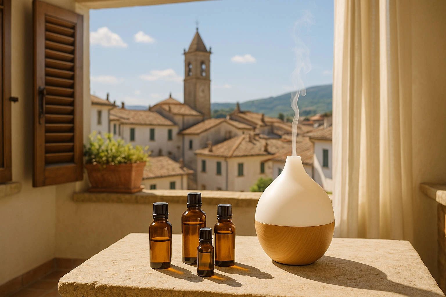 Essential oil diffuser with bottles on a terrace overlooking an Italian village