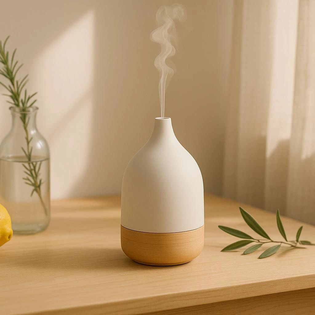 Minimal aromatherapy diffuser with lemon and rosemary in a Mediterranean-inspired setting