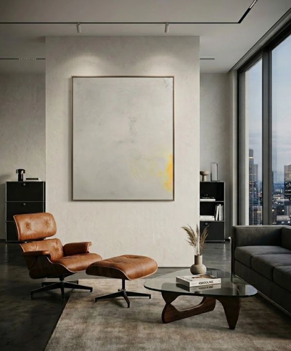 Sala moderna con silla de cuero y mesa de vidrio.