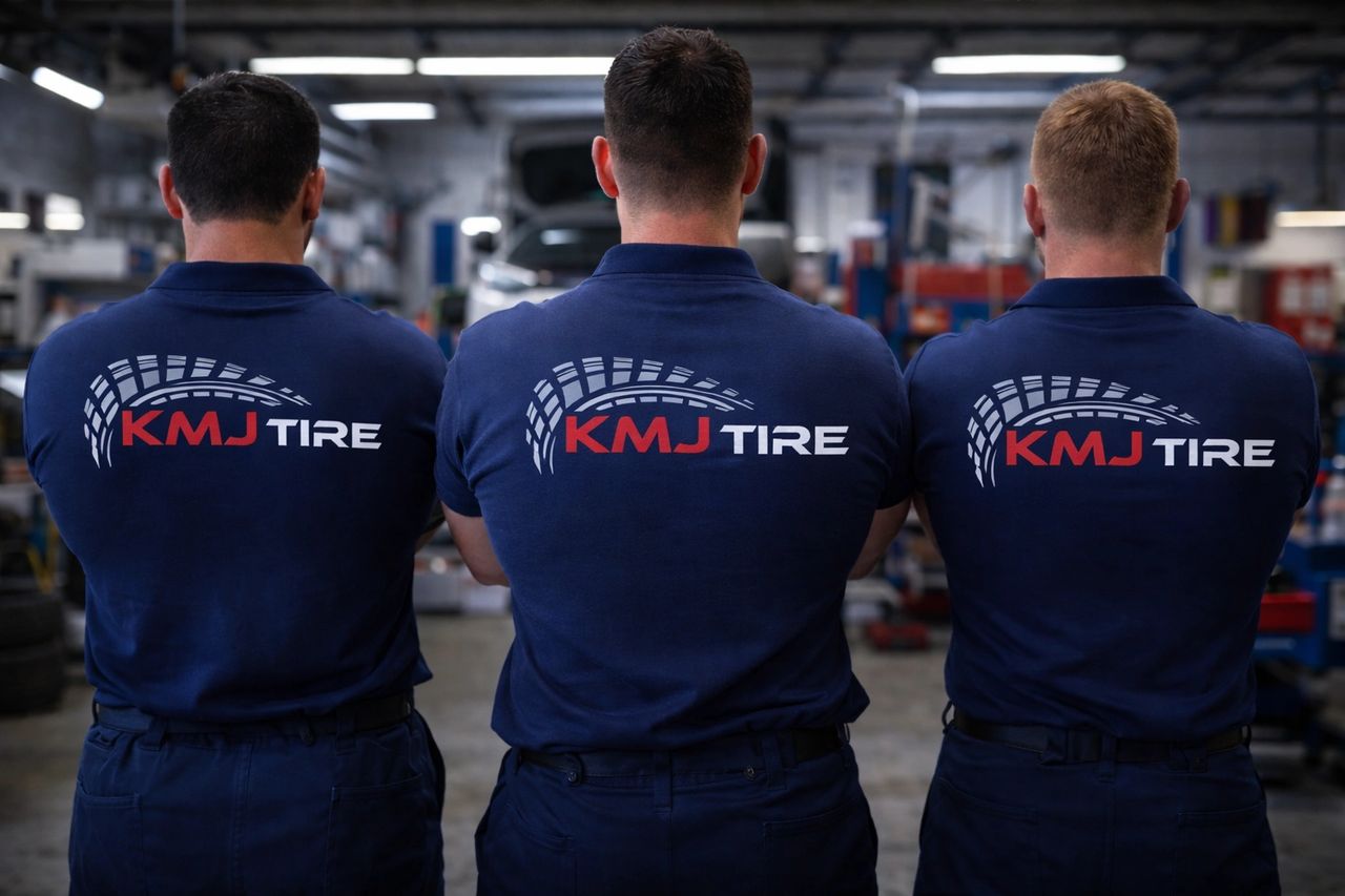 Technicians at KMJ TIRE servicing winter tires in Calgary